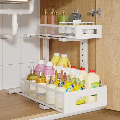 1 Pack-11.4"-16.14"H Under Sink Storage Organizer, Large 2-Tier Elegant Mesh Pull Out Shelf for Kitchen and Bathroom Cabinet Organization, L-Shaped and Adjustable Height Design for Maximum Space-White by UnderSinkOrganizer