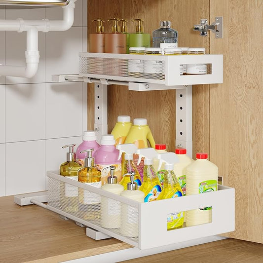 1 Pack-11.4"-16.14"H Under Sink Storage Organizer, Large 2-Tier Elegant Mesh Pull Out Shelf for Kitchen and Bathroom Cabinet Organization, L-Shaped and Adjustable Height Design for Maximum Space-White by UnderSinkOrganizer