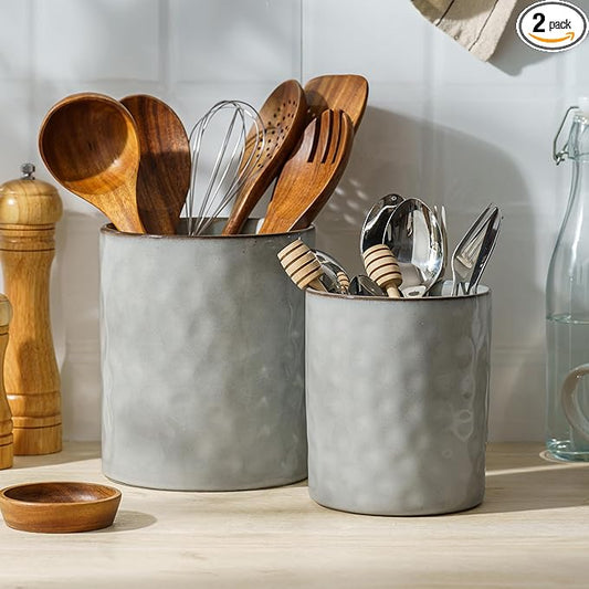 famiware Ocean Utensil Holder, 7.2"+5.8" Ceramic Kitchen Utensil Holder for Countertop, 2 Pieces Cooking Utensil Crocks, Utensil Organizer for Spatula & Spoon, Kitchen Decor, Set of 2, Gray by Famiware