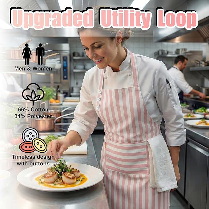 TOSHEX Kitchen Apron Waterdrop Resistant Cotton Apron with adjustable Aprons for Women with Pockets Cooking Apron Chef Apron for Men (1, Powder Pink)