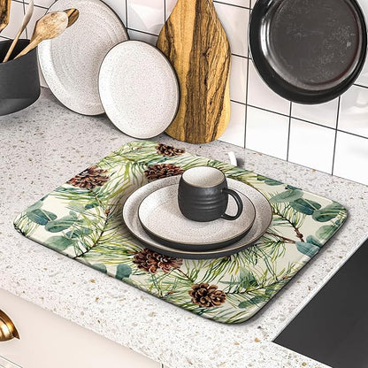 Winter Dish Drying Mat for Kitchen Counter 16x18 Christmas Evergreen Leaves Pinecone Holiday Theme Absorbent Reversible Microfiber Drying Mats Kitchen Countertop Protector Dishes Drainer Pad - Image 5