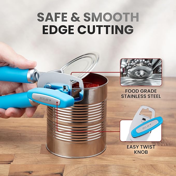 Zulay Kitchen Heavy Duty Stainless Steel Can Opener Manual with Bottle Opener - Rust Proof Manual Can Opener With Turn Knob & Comfy Soft Grip Handles - Aqua - Image 4