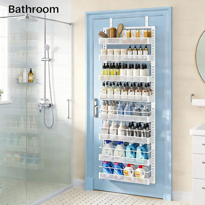 SNTD 8 Tiers Over the Door Organizer - Height Adjustable Pantry Organizers and Storage with Dense Mesh Baskets, Anti-Swing Hanging Door Spice Rack for Kitchen Bathroom (White, 17" W x 6" D x 69" H) - Image 9