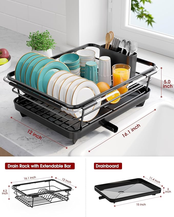 Sakugi Extendable Dish Drying Rack Over Sink with Dish Drainer, Sink Organization and Storage Essentials with Silverware & Utensil Holder, Home and Apartment Decor, 12" W x 16.1~23" L, Black - Image 4