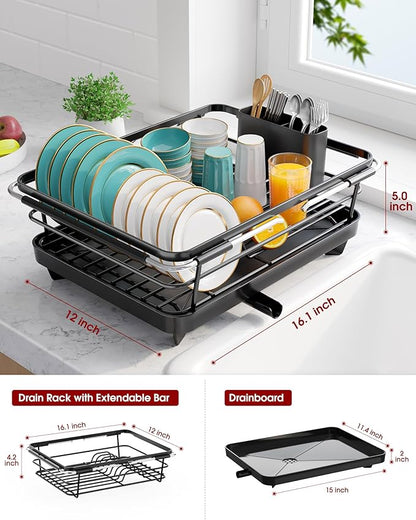 Sakugi Extendable Dish Drying Rack Over Sink with Dish Drainer, Sink Organization and Storage Essentials with Silverware & Utensil Holder, Home and Apartment Decor, 12" W x 16.1~23" L, Black - Image 4