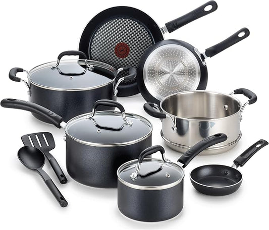 T-fal Experience Nonstick Cookware Set 12 Piece, Induction, Oven Broiler Safe 350F, Kitchen Cooking Set w/Fry Pans, Saucepan, Stockpot, Kitchen Utensils, Pots and Pans, Dishwasher Safe, Black by T-falbrand
