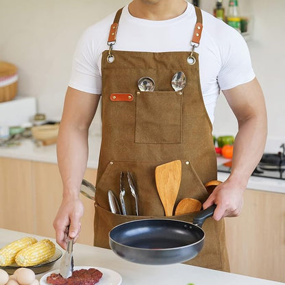 Aoomzoon Canvas Aprons for Men Chef Apron, Work Apron with Large Pockets - 16oz Heavy Duty Cross Back, BBQ, Cooking