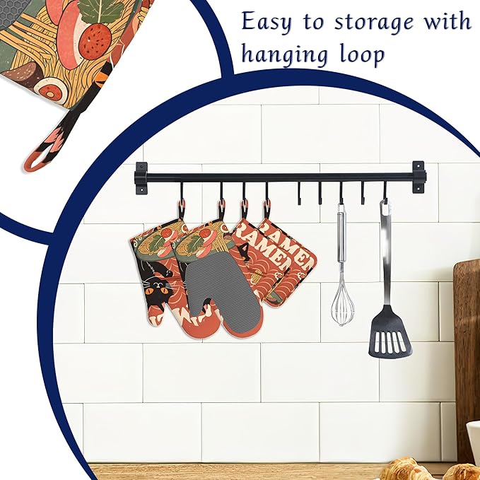 Black Cat Ramen Oven Mitts and Pot Holders Abstract Funny Silicone Kitchen Accessories Set of 4 Heat Resistant Non-Slip Long Gloves Potholder for Chef Cooking Baking Gifts Women Men