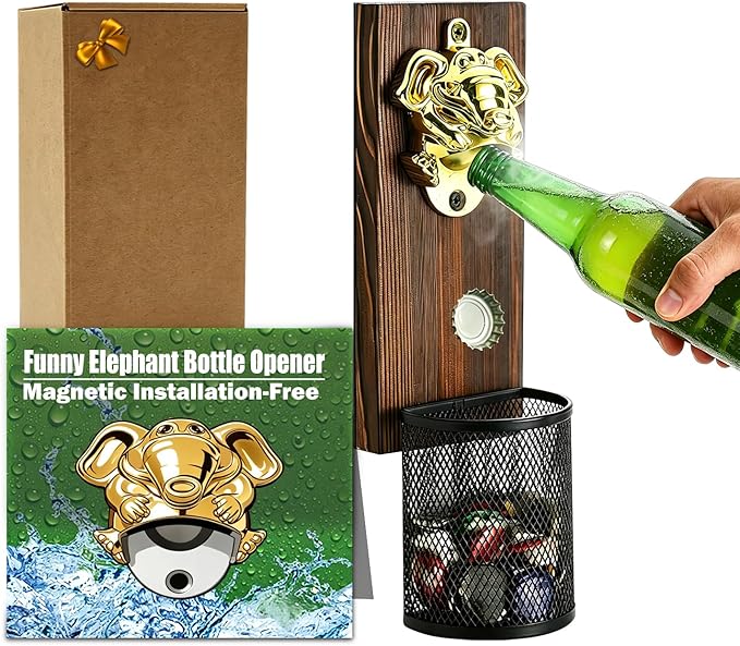 Beer Magnetic Bottle Opener Wall Mounted With Bottle Cap Catcher,Funny Bottle Opener,Beer Accessories,Wooden Magnetic Bottle Opener for Fridge,Birthday Gifts for Men and Beer Lovers.
