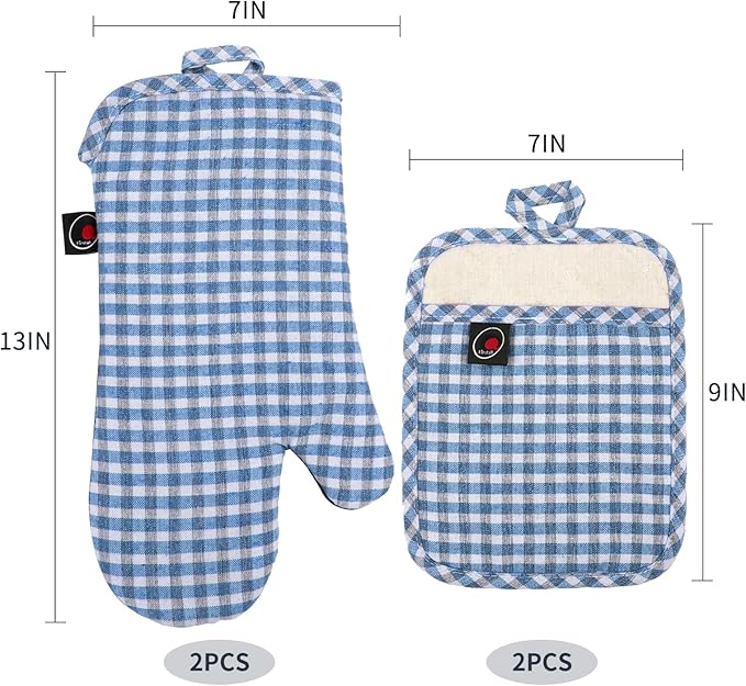 Oven Mitts and Potholders Gloves-Oven Mitts and Pot Holders (Blue Grid) - Image 6