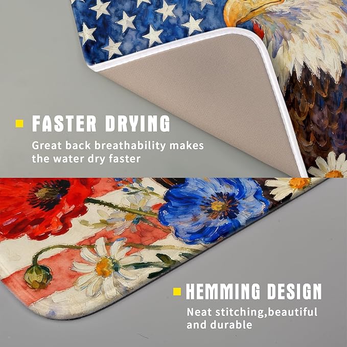 4th of July American Flag Eagle Dish Drying Mat for Kitchen Counter 16x18 Patriotic Floral Memorial Day Absorbent Reversible Microfiber Drying Mats Kitchen Countertop Protector Dishes Drainer Pad - Image 3