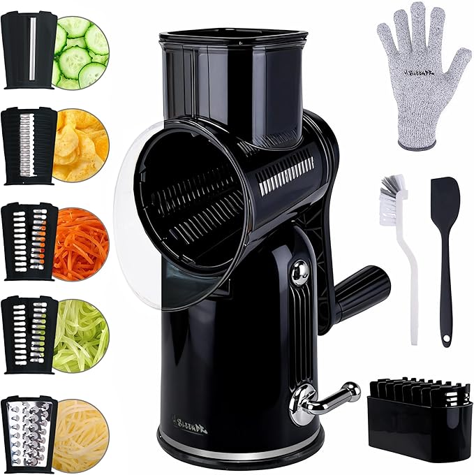 5-in-1 Rotary Cheese Grater Vegetable Slicer with Handle - Upgraded Hand Crank Cheese Grater with Handle and Strong Suction Base, Multi-Purpose Slicer with 5 Blades (Black) by SLEEKDRRotaryCheeseGrater