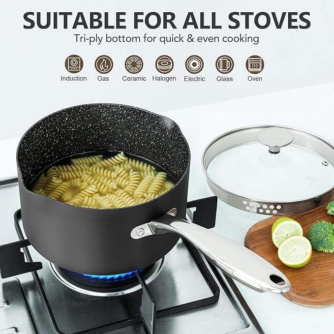 MICHELANGELO Hard Anodized Saucepan Set with Lids, Nonstick Saucepan with Pour Spouts & Strainer Lid for Easy Pour, Granite Derived Coating Sauce Pot Set - 1.5QT & 3QT Induction Sauce Pans - Image 5