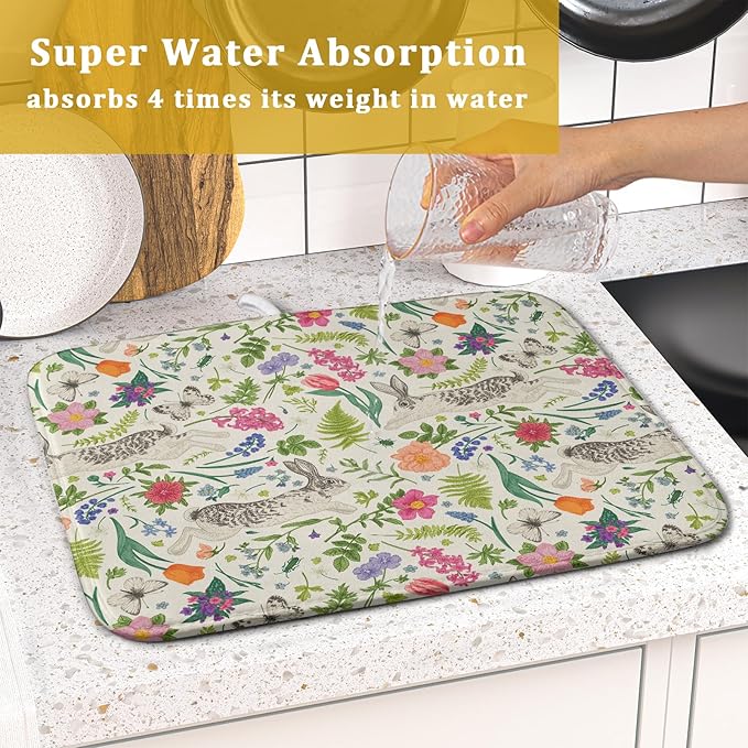 Spring Easter Dish Drying Mat for Kitchen Counter 16x18 Rabbit Bunny Green Pink Floral Vintage Print Absorbent Reversible Microfiber Drying Mats Kitchen Countertop Protector Dishes Drainer Rack Pad - Image 7