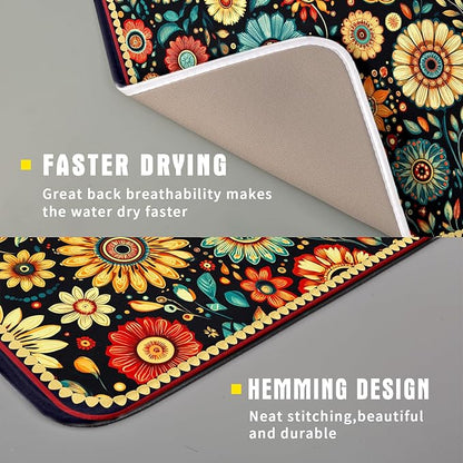 Bohemian Style Flowers Drying Pad Boho Floral Dish Drying Mat for Kitchen Counter Absorbent Microfiber Drainer Rack Mat - Image 3
