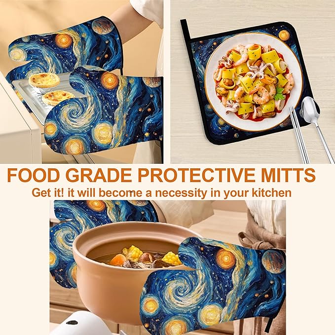 Abstract Starsky Oven Mitts & Potholder Set of 4 - Heat Resistant Kitchen Gloves Hot Pads for Baking, Cooking, Gifts for Women