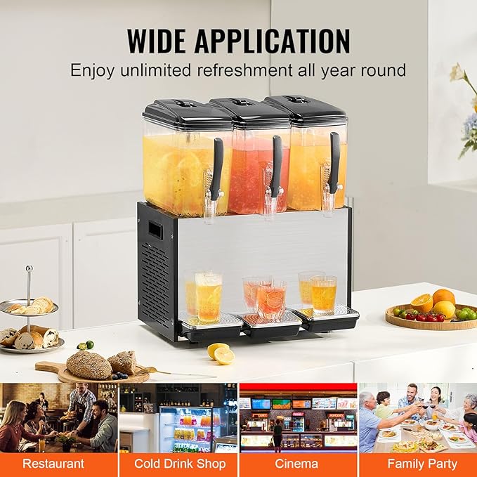 VEVOR Commercial Beverage Dispenser, 3 Tanks 12 L / 12.7 QT Per Tank Juice Dispenser, 370W Stainless Steel Ice Tea Drink Machine with 45°F-54°F Cooling Temperature, for Cold Drink Restaurant Bar Party - Image 6