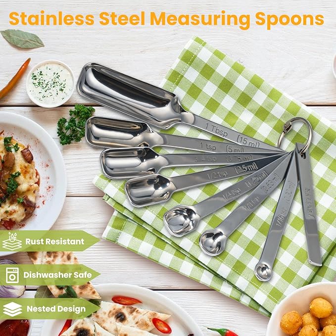 Stainless Steel Measuring Spoons Set of 8, Rectangular Metal Measuring Spoons with Leveler, Compact Spoons Design for Narrow Spice Jars, Teaspoon & Tablespoon Spoons for Dry & Liquid Ingredients - Image 6
