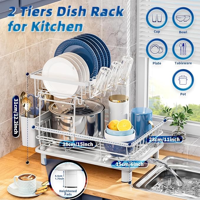 GAOKASE Dish Drying Rack, Stainless Steel-Dish Rack, Dish Racks for Kitchen Counter, Kitchen Dish Drainers with Removable Utensil Holder,New Drain Outlet,Plate Rack and Drainboard (White 3) - Image 7