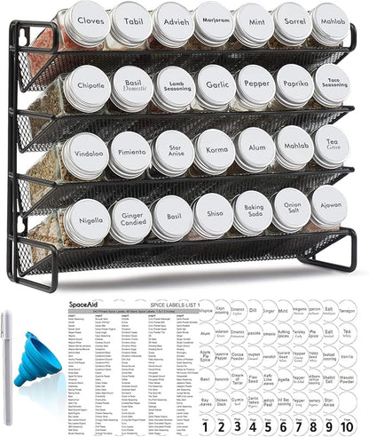 SpaceAid Spice Rack Organizer with 28 Spice Jars, 386 Spice Labels, Chalk Marker and Funnel Set for Cabinet, Countertop, Pantry, Cupboard or Door & Wall Mount - 28 Jars, 13.4" W × 10.8" H, White by SpaceAid