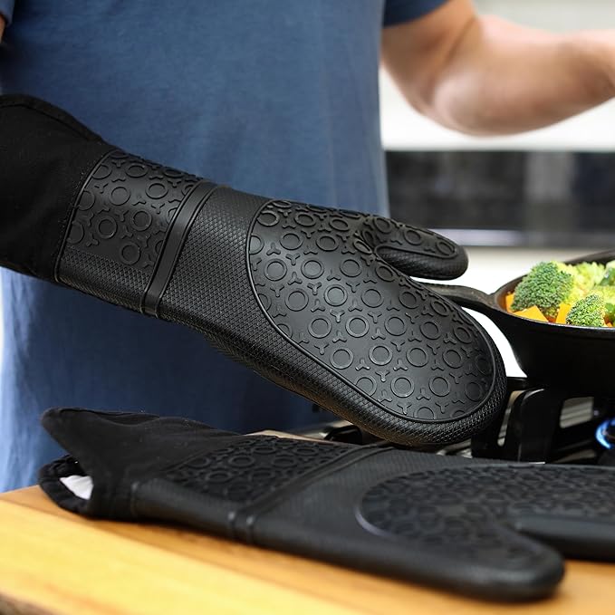 BPA-Free Silicone Oven Mitts Ultra Heat Resistant up to 500°F - Oven Mitts with Thick Cotton Liner - Long Slip Resistant Pot Holders, Flexible Oven Gloves - Black 14.7 - Image 9