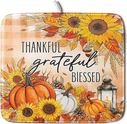 Giwawa Autumn Pumpkins Dish Drying Mat for Kitchen Countertop, Fall Sunflowers Thankful Grateful Blessed Dish Drainer Mats 16x18in, Thanksgiving Harvest Decorative Reversible Dish Drying Pad