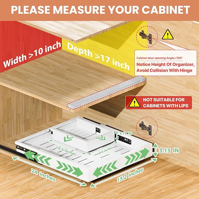 2 Pack Pull out Cabinet Organizer, Width (10"-16") Depth (17"-25"), with 3 Rails Adjustable Slide, Expandable Pullout Drawers for Cabinets, No Drill Adhesive Kitchen Drawers for Pantry Shelves - Image 2