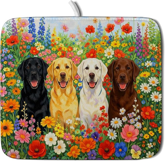 Flower Dog Dish Drying Mat Spring Floral Microfiber Absorbent Dish Drying Pad for Kitchen Counter by Giwawa
