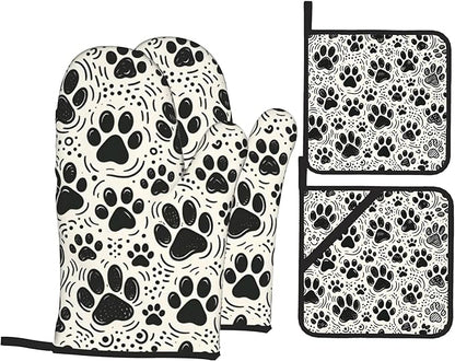 Black White Paw Oven Mitts & Potholder Set of 4 - Heat Resistant Kitchen Gloves Hot Pads for Baking, Cooking, Gifts for Women
