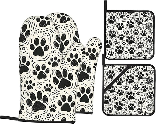 Black White Paw Oven Mitts & Potholder Set of 4 - Heat Resistant Kitchen Gloves Hot Pads for Baking, Cooking, Gifts for Women