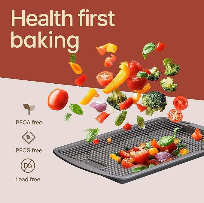 Cookie Sheet with Wire Rack Set, 2-Piece Nonstick Gray Carbon Steel Pan & Cooling Rack, Space-Saving Stackable Set, PFOA, PFOS, PTFE Free, Oven Safe Up to 450°F, 17.4" Pan & 14.7" Rack - Image 5