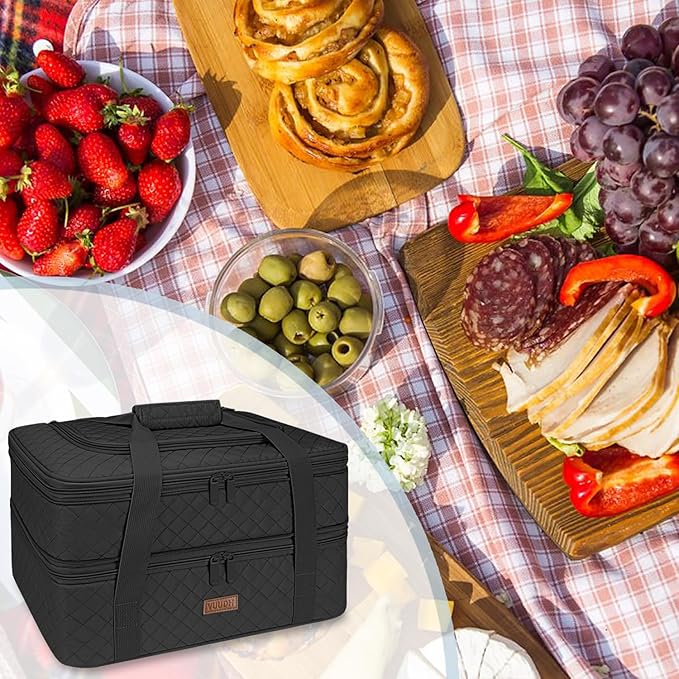 Quilted Double Decker Casserole Carrier - Expandable Dish Carrying Case for Hot or Cold Food, Lasagna Holder for Potluck Parties, Picnic, Beach, Fits 9"×13" Baking Dish (Black)