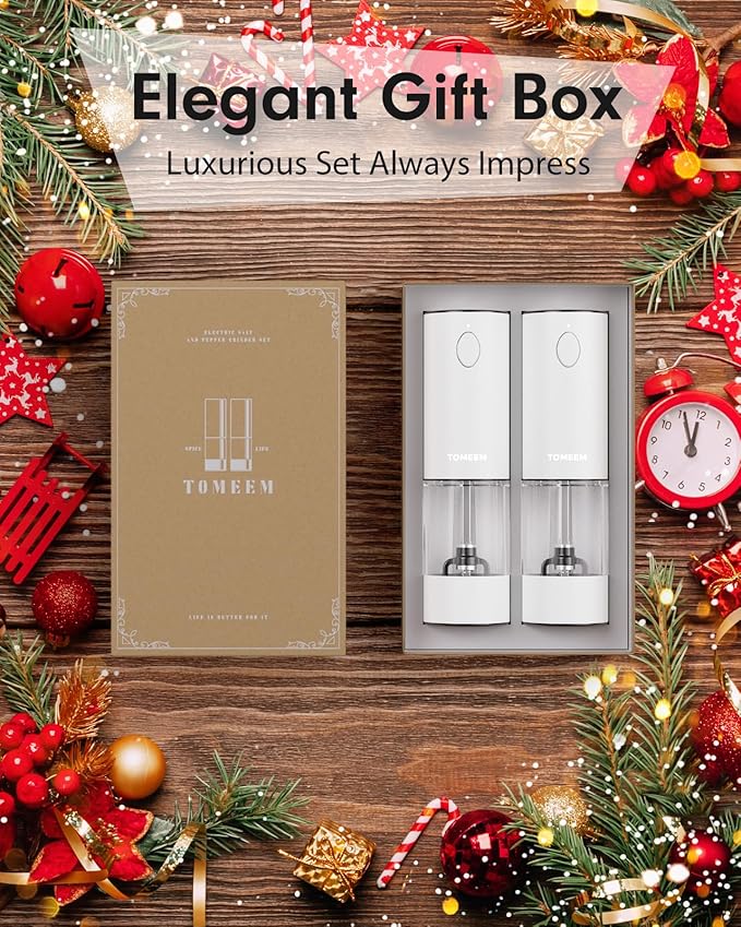 TOMEEM Upgraded Larger Capacity Electric Salt and Pepper Grinder Set Rechargeable with LED lights, Stainless Steel Automatic Pepper and Salt Grinder Refillable with 5 Adjustable Coarseness White - Image 9