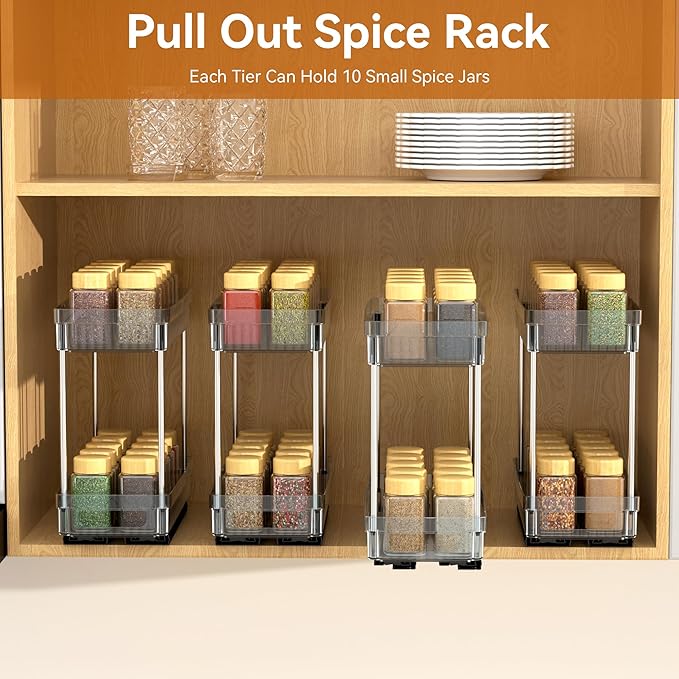 DABIGE 2 Pack Pull Out Spice Rack Organizer for Cabinet, 2 Tier Slide Out Spice Racks Organizer, Spice Cabinet Organizers, Cabinet Size Need:12'' High x 11'' Deep x 5'' Wide, Clear Acrylic - Image 9