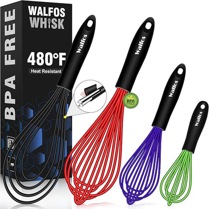 Walfos Whisk,Whisks for Cooking Non Scratch.Silicone Whisk Set of 4 Kitchen Wisk-11in Flat wisk and 7+9+11in Balloon Whisk.Nice for Mixing,Whisking and Stirring.Dishwasher Safe.(4pcs-Colorful) by Walfos