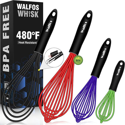 Walfos Whisk,Whisks for Cooking Non Scratch.Silicone Whisk Set of 4 Kitchen Wisk-11in Flat wisk and 7+9+11in Balloon Whisk.Nice for Mixing,Whisking and Stirring.Dishwasher Safe.(4pcs-Colorful) by Walfos