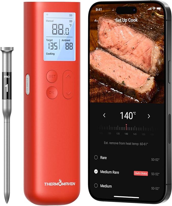 ThermoMaven Smart Bluetooth Wireless Meat Thermometer, 10X Enhanced Sub-1G Signal and Stability, Standalone Display Base, Certified Accuracy ±0.5°F, WiFi Unlimited Range for BBQ, Oven, Smoker, Grill by ThermoMaven
