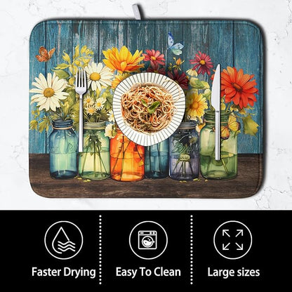 Daisy Dish Drying Mat for Kitchen Counter 16x18 Inch Rustic Vintage Flower Vases Drying Mats Microfiber Absorbent Dishes Drainer Mats Farmhouse Floral Wooden Board Dish Rack Pad - Image 4
