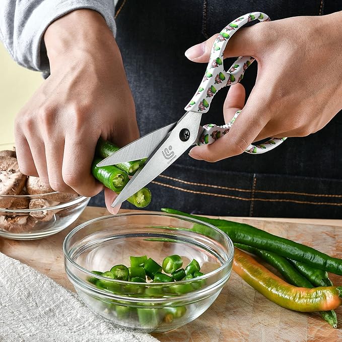 Linoroso Kitchen Scissors Heavy Duty Kitchen Shears with Magnetic Holder Made with Japanese Steel 4034, Multipurpose Ultra Sharp Cooking Scissors for Meat/Vegetables/BBQ/Herbs/Pizza (Graphic,Chili) - Image 4