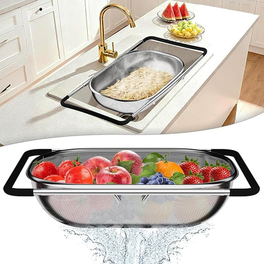 Over the Sink Colander, Expandable Strainers and Colanders with Fine Mesh, Colander for Kitchen with Rubber Grip for Draining Pasta, Vegetables and Fruits - Essential Kitchen Sink Strainer by STOCKPOT