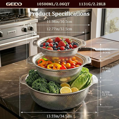 GEDO 304 Stainless Steel Colander Set, 3 Pack Kitchen Food Strainer with Handles, Nestable Metal Colanders for Washing Vegetables Fruits, Draining Pasta, Rinsing Rice, Dishwasher Safe Sink Strainer