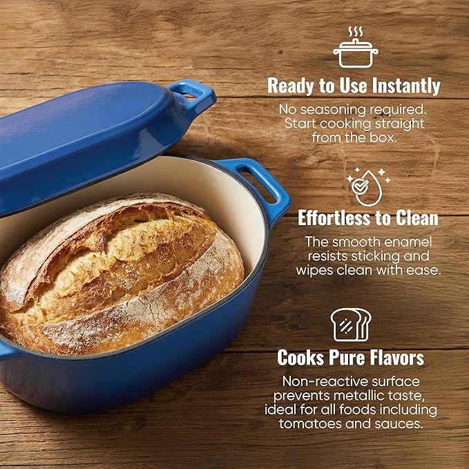 Dutch Oven for Bread Baking, 3.4 QT Bread Dutch Oven for Sourdough, Enamelled Cast Iron Bread Oven with Lids, Heavy-Duty Non Stick Sourdough Loaf Pan, Meatloaf Pan, Blue