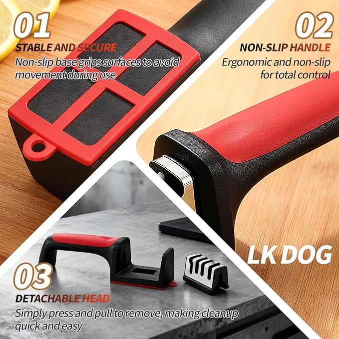4-in-1 Kitchen Knife Sharpener, Professional Grade with Tungsten Steel and Ceramic Slots, Scissor Sharpening, Black/Red - Image 7