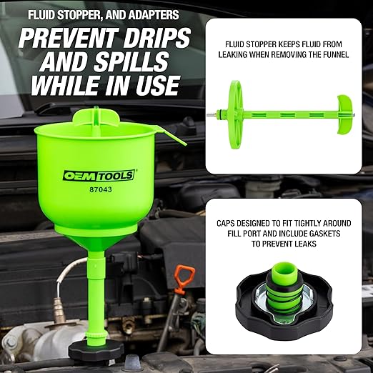 OEMTOOLS 87043 No-Spill Professional Quality Coolant Funnel Kit, Easily Fill Antifreeze Coolant Set Includes 5 Adapters, Extensions, and Automotive Funnel, Air Venting, Drip-Free, Green - Image 3