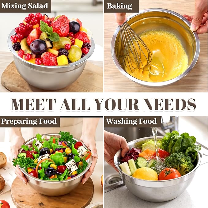 Mixing Bowls with Lids Set - 7PCS Nesting Mixing Bowls, Lids, Stainless Steel Mixing Bowls for Mixing, Baking & Meal Prep, Dishwasher Safe, Size 0.7/1.1/1.5/2.1/3.5/4/4.5 QT, Khaki - Image 7