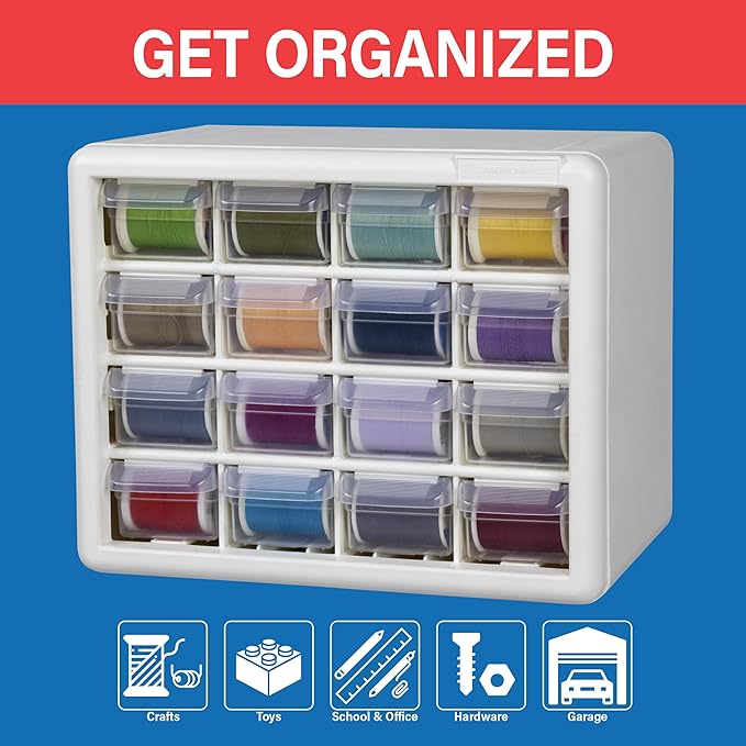 Akro-Mils 16-Drawer Plastic Drawer Storage Cabinet for Garage Organization, Beads, Makeup Organizer, Building Bricks Storage, Teacher Toolbox, 10-1/2" W x 6-1/2" D x 8-1/2" H, 10116 White - Image 3