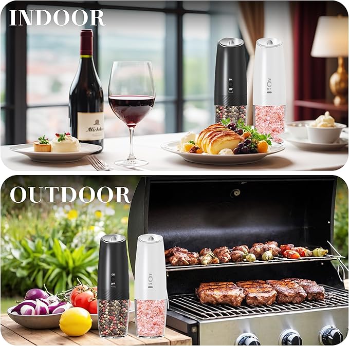 UNNEES Rechargeable Electric Salt and Pepper Grinder Set, Gravity Activated, Adjustable Coarseness, LED Light, USB Charging, Ceramic Core, 150ml Transparent Hopper, Black + White - Image 7