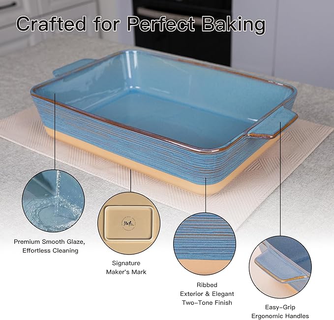 Dafuceramic Casserole Dish for Oven, 4.2 QT Baking Dish, 9x13 Large Porcelain Baking Pan, Durable Rectangular Lasagna Pan Deep with Handles, Microwave Oven Safe, Home Decor, Wedding Gift, (Khaki & Blue) - Image 5