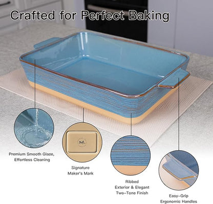 Dafuceramic Casserole Dish for Oven, 4.2 QT Baking Dish, 9x13 Large Porcelain Baking Pan, Durable Rectangular Lasagna Pan Deep with Handles, Microwave Oven Safe, Home Decor, Wedding Gift, (Khaki & Blue) - Image 5