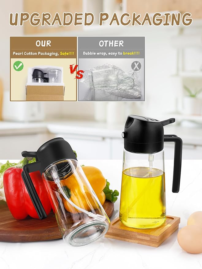 Kitchen Gadgets Oil Sprayer for Cooking 2pcs,Oil Dispenser for Kitchen,2 in 1 Oil Dispenser and Oil Sprayer,16oz Olive Oil Dispenser Bottle for Air Fryer,Salad, Grill (Black Kitchen Accessories) - Image 6